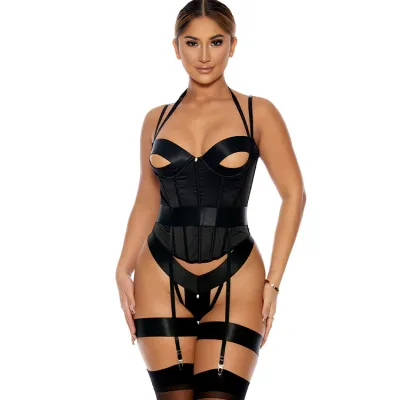 Forplay Take A Peek Black Bustier with Panty Garters Thigh Straps