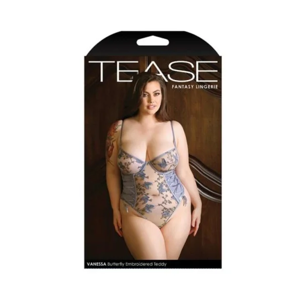 Tease Vanessa Butterfly Embroidered Mesh Teddy With Ribbon Lace-up Detail And Snap Closure Perwinkle