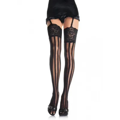 Stripe Thigh High with Lace Top O S Black