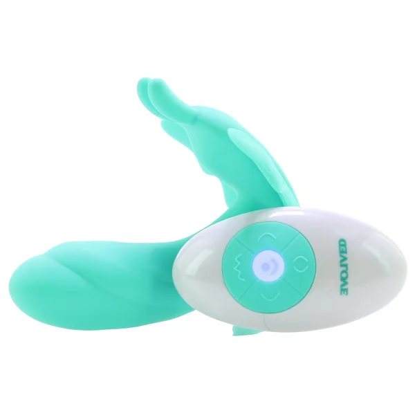 The Butterfly Effect Clitoral & G-Spot Teal Wearable Remote Vibrator By Evolved Novelties
