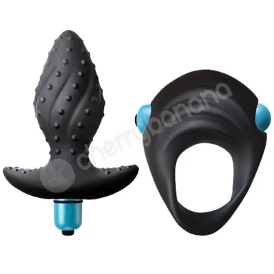 Rocks Off Ibex Kit Blue Black Vibrating Butt Plug Cockring Set