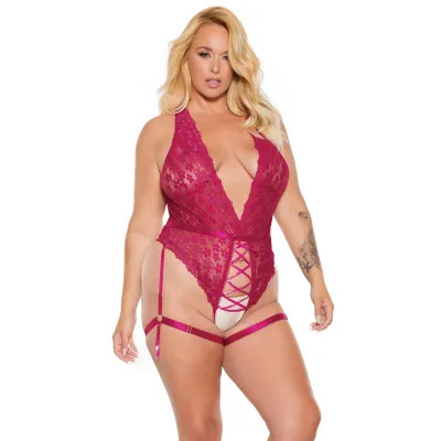 Plus Size Raspberry Floral Lace Deep V Crotchless Teddy
