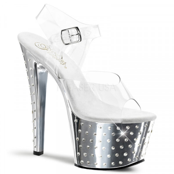 STARDUST-708 - 7" Heel, 2 3/4" R/S Studded Slv Chrome PF Ankle Strap Sandal