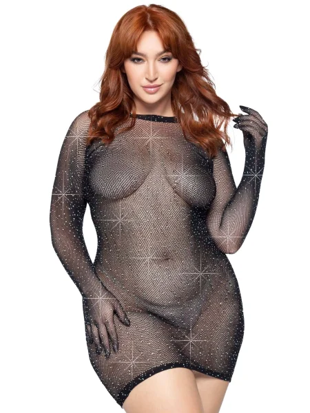 Rhinestone Fishnet Gloved Dress - 1x-2x