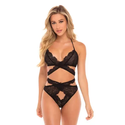 Cut Out Galloon Lace Bra Set Black S m