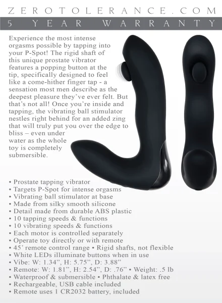 Zero Tolerance Tap It Black 14.6 cm USB Rechargeable Prostate Massager with Remote