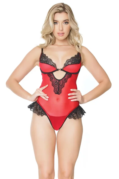 Red Mesh & Black Ruffle Lace All-Access Teddy