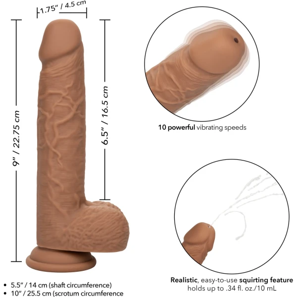Squirting Fuck Stick 9" Vibrating Realistic Silicone Suction Cup Dildo By CalExotics - Caramel