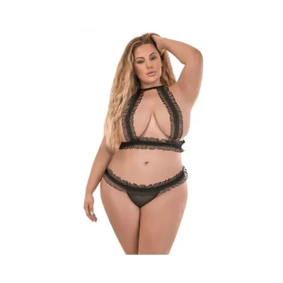 Magic Silk Ruffled Halter Bra Split crotch Thong Black Queen