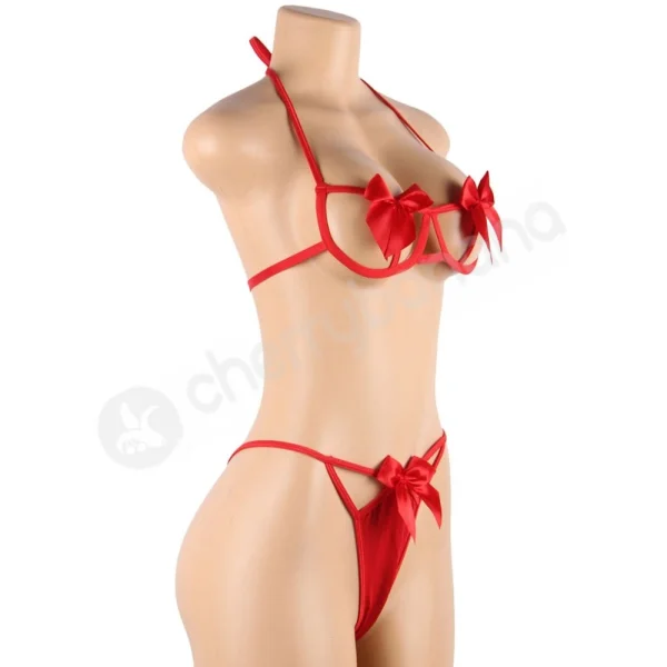 Cherry Banana Red Sexy Bow Underwire Bra & Panty Lingerie Set