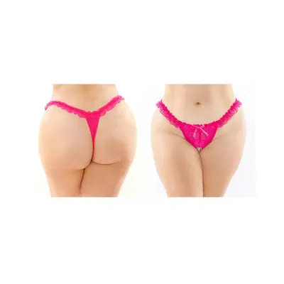 Flora Ruffled Lace Crotchless Pearl Thong Pink Queen