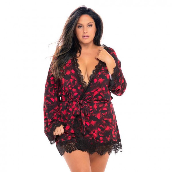 Oh La La Cheri Plus Size Black Rose Print Lace Trim Robe