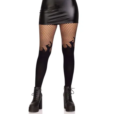 Opaque Flame Tights With Fishnet Top One Size Black