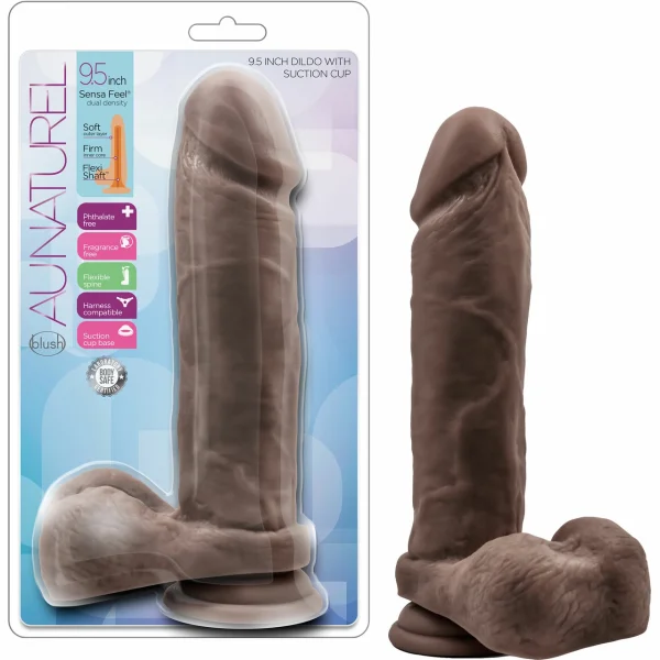 Au Naturel 9.5 Inch Sensa Feel Dual Density Dildo With Balls By Blush - Chocolate