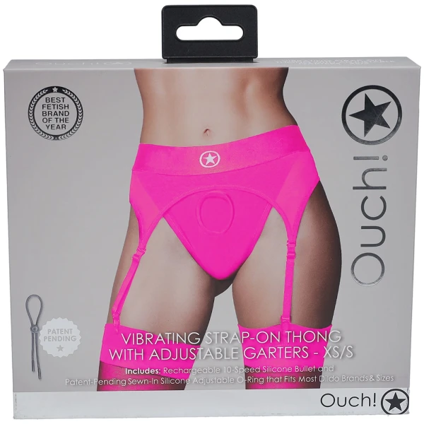 Ouch! Vibrating Pink Strap-on Garter Thong in XS/S