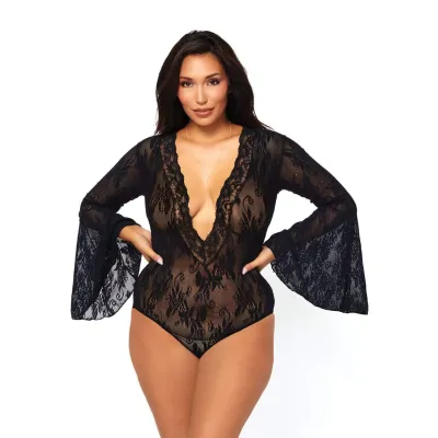 Bell Sleeve Bodysuit Queen Size Black