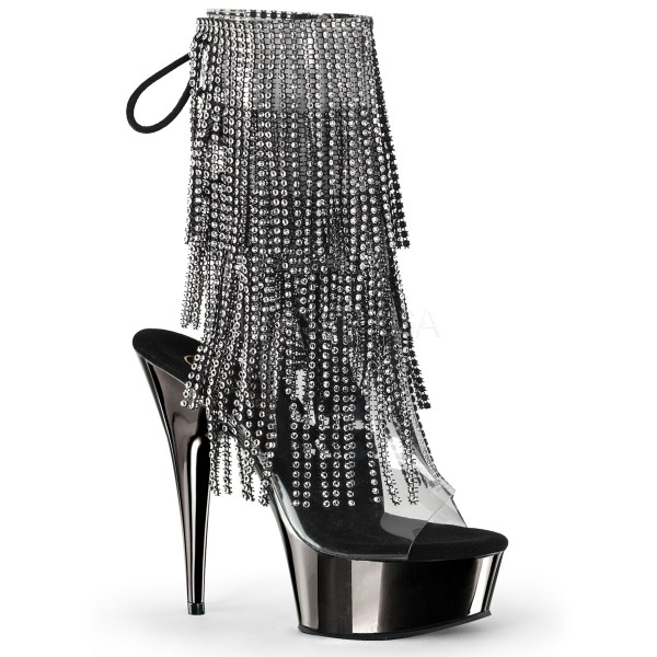 6 inches Heel, 1 3/4 inches PF Open Toe/Heel Lace-Up Fringe Ankle Boot