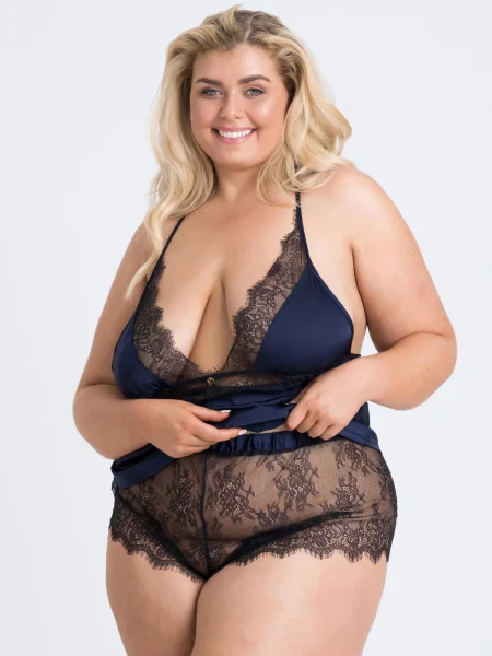 Lovehoney Plus Size Dark Orchid Navy Satin and Lace Cami Set