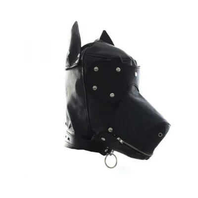 Sexy Costumes Ple sur Locking Lace up Faux Leather Dog Hood Mask With Zipper Mouth Black