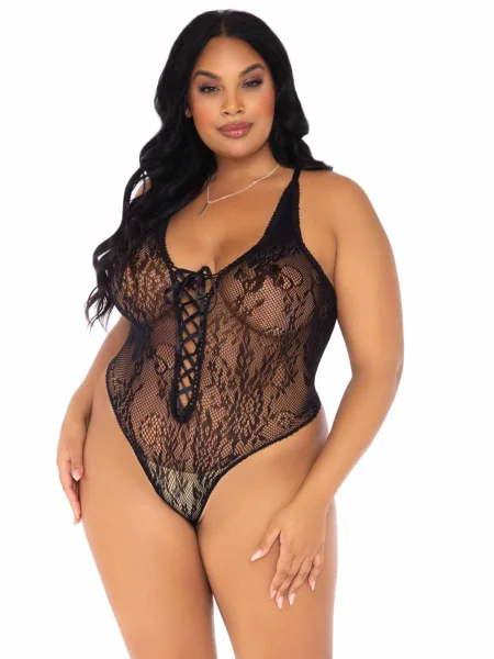 Floral Lace Thong Teddy - 1x-2x - Black