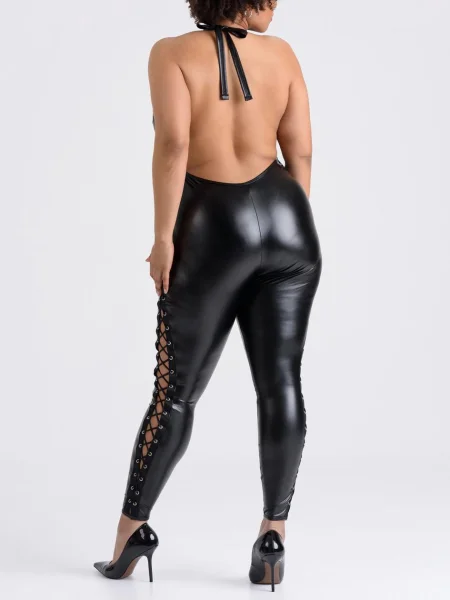 Lovehoney Plus Size Fierce Leather Look Lace-Up Black Catsuit