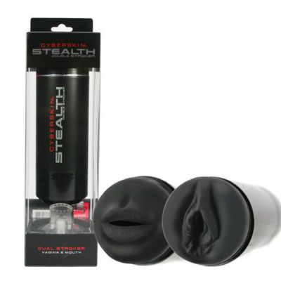 Cyberskin Stealth Double Stroker Black Double Ended Pussy Mouth Stroker with Suction Base