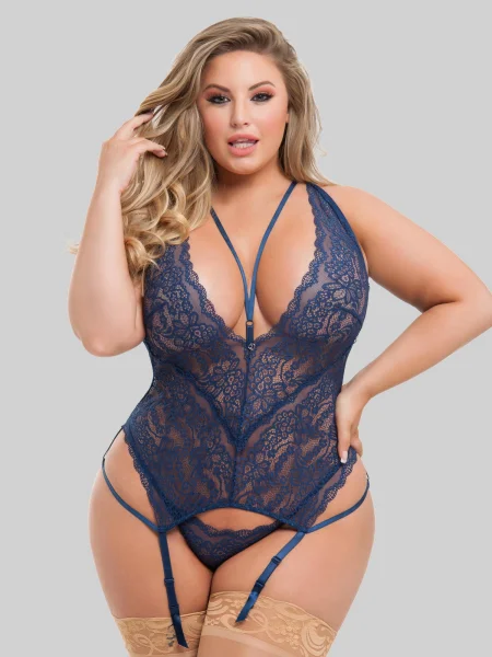 Lovehoney Plus Size Late Night Liaison Blue Lace Plunge Bustier Set
