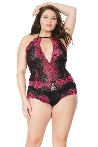 Magenta & Black Floral Lace Open Crotch Teddy — image 4 of 6