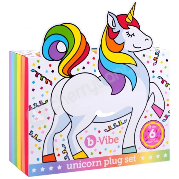 B-vibe Unicorn Vibrating Anal Plug & Rainbow Tail 6 piece Set