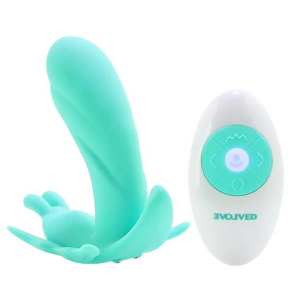 The Butterfly Effect Clitoral & G-Spot Teal Wearable Remote Vibrator By Evolved Novelties