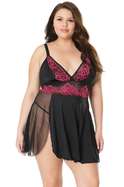 Plus Size Floral Embroidered Black Stretch Babydoll