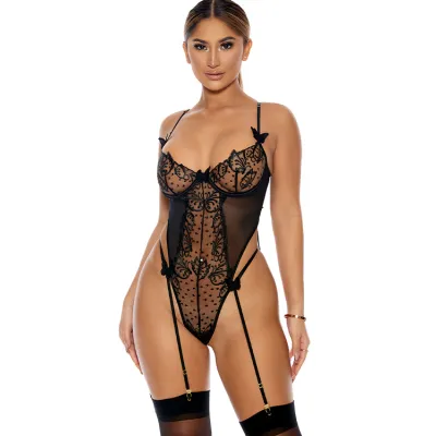 Forplay Flutter By Black Embroidered Teddy with Attached Garters