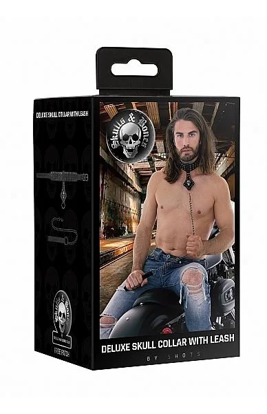 Ouch! Skulls & Bones Neck Chain With Skulls And Leash Black