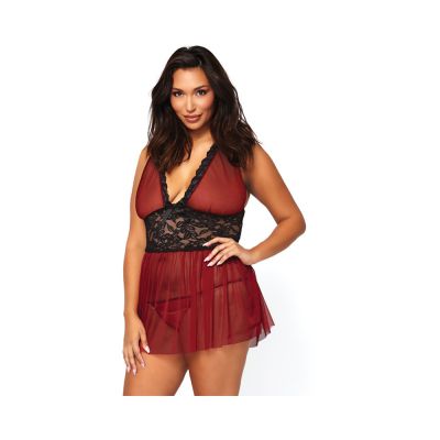 2pc Sheer Halter Babydoll With Floral Lace Empire Waist And Matching G string 3x 4x Burgundy