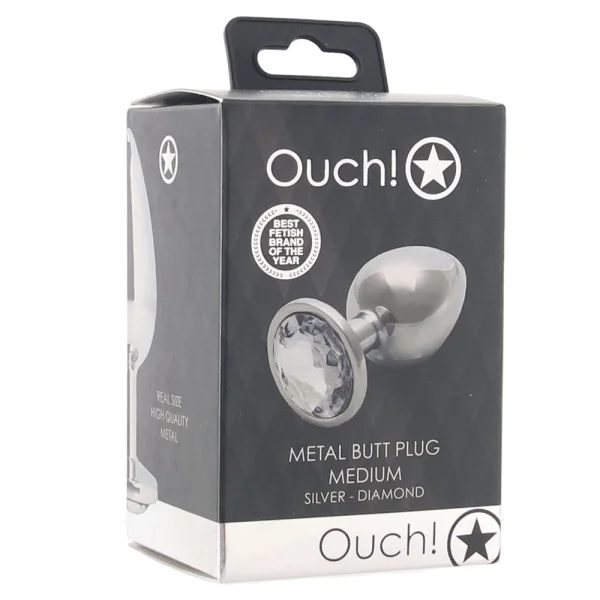 Shots Ouch! Round Gem Butt Plug Medium - Silver/Diamond