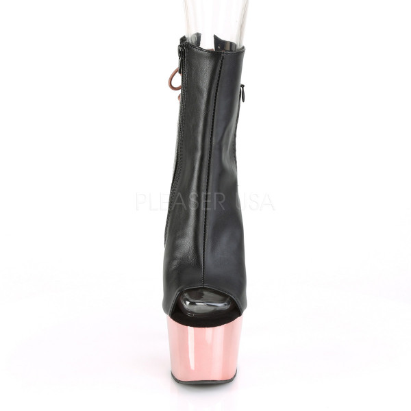 7 inches Heel, 2 3/4 inches PF Open Toe/Heel Ankle Boot. Side Zip