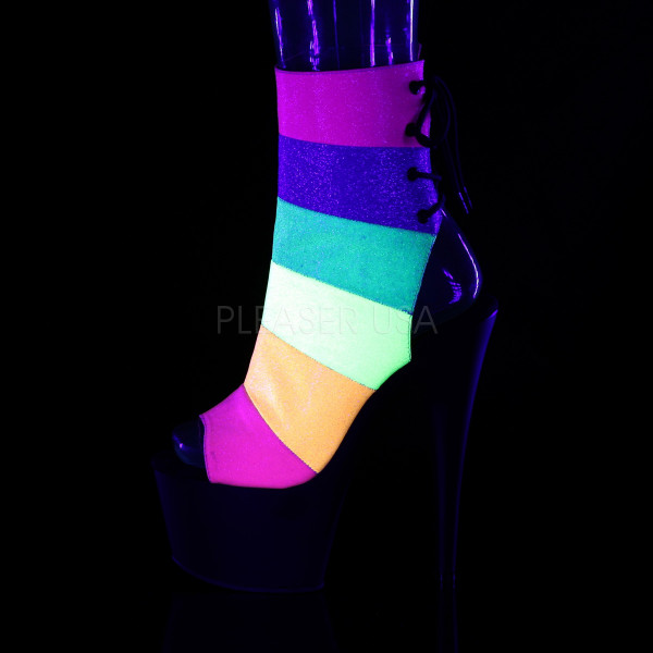 7 inches Heel, 2 3/4 inches PF Open Toe/Heel Ankle Boot. Side Zip