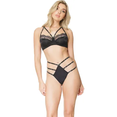 Black Rhinestone Sparkle Lace Bra Matching High Waisted Panty