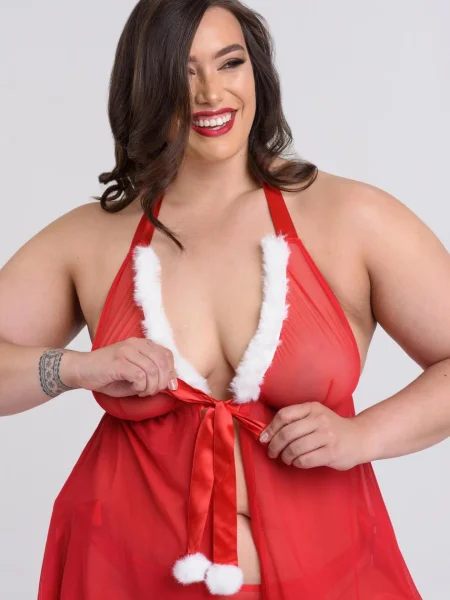 Lovehoney Plus Size Holiday Pom-Pom Red Sheer Babydoll Set