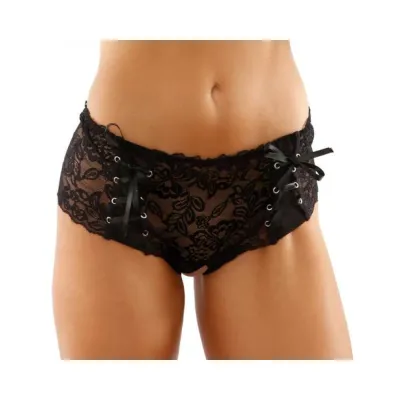 Magnolia Crotchless Lace Boyshort With Lace up Panel Details Black L xl
