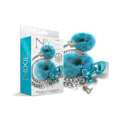 Nixie Metal Butt Plug Furry Handcuff Set Mediumblue Metallic
