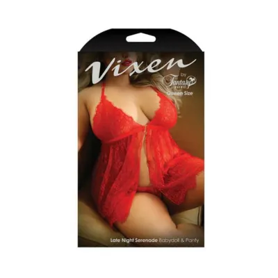 Vixen Late Night Serenade Front Clasp Lace Babydoll Crotchless G string Panty Red Queen