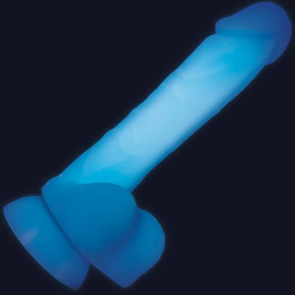 Touch And Glow 8" Glow-In-The-Dark Silicone Dildo With Balls By Evolved Novelties - Blue