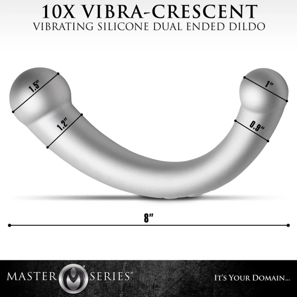 Master Series Vibra-Crescent Rechargeable Silicone Vibrating Dual Ended Dildo - Silver