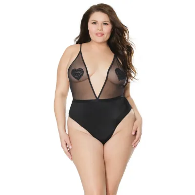 Plus Size Deep V Black Mesh Crotchless Teddy