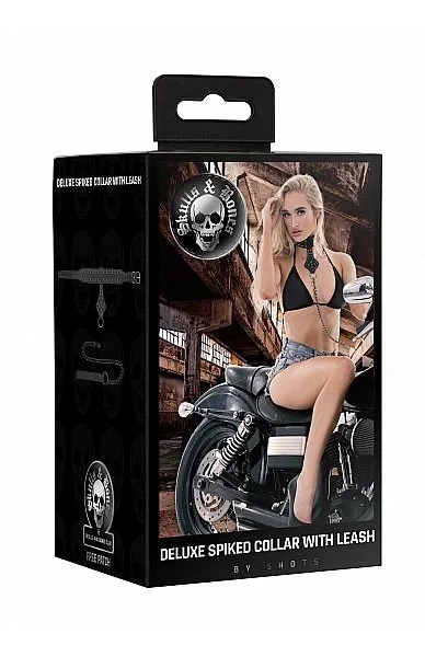 Ouch! Skulls & Bones Neck Chain With Spikes And Leash Black