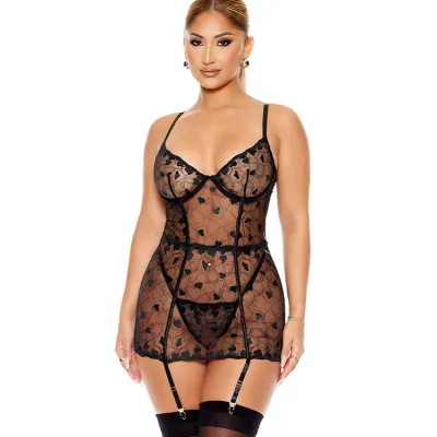 Forplay Heartbeat Harmony 2 Piece Black Embroidered Chemise Set with Matching Panty
