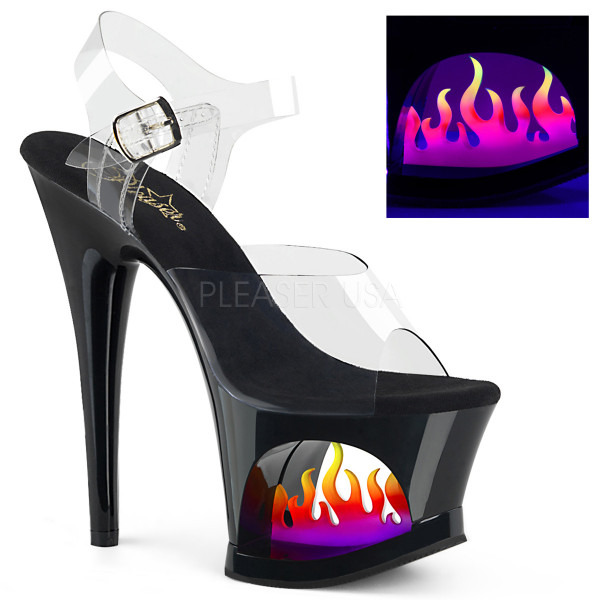 7 inches Heel, 2 3/4 inches Cut-Out PF Ankle Strap Sandal w/ Flame