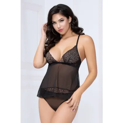 Lace and Mesh Camidoll and Panty Black Medium