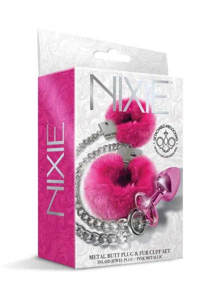 Nixie Metal Butt Plug and Furry Handcuff Set Blue